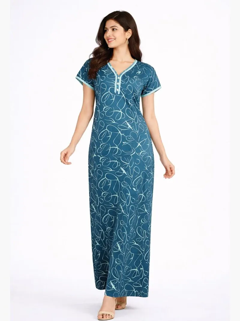 Women's Lycra Printed Nighty – Teal